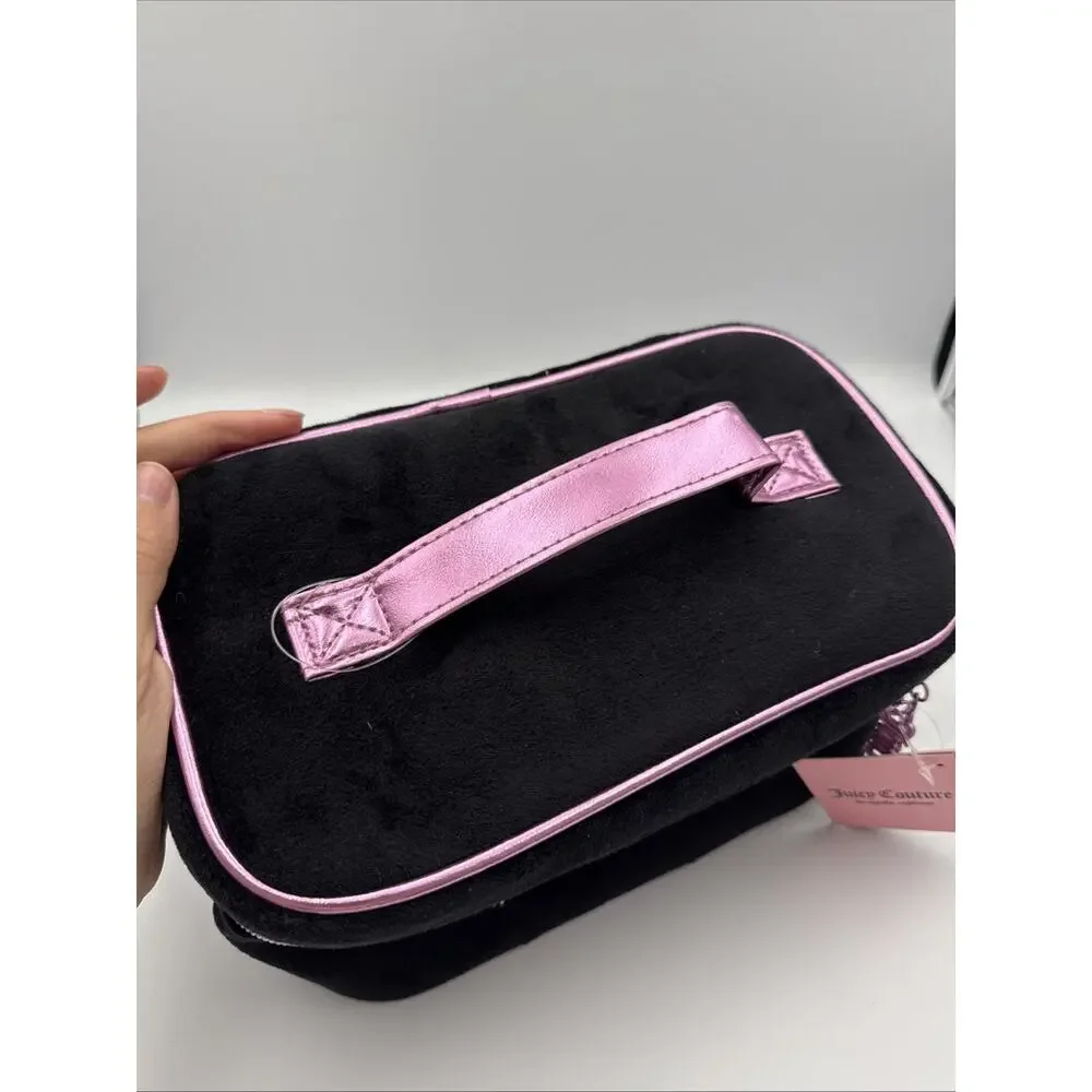 Juicy Couture Black Valour Rhinestone Makeup Bag Train Case Pink Handle NWT